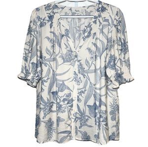 C By One Blue Ivory Toile Style Botanical Butterfly Top XL Peasant Boho Coastal